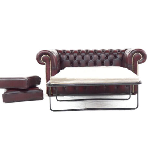 Chesterfield 2 Seater Sofa Bed Antique Oxblood Red Real Leather