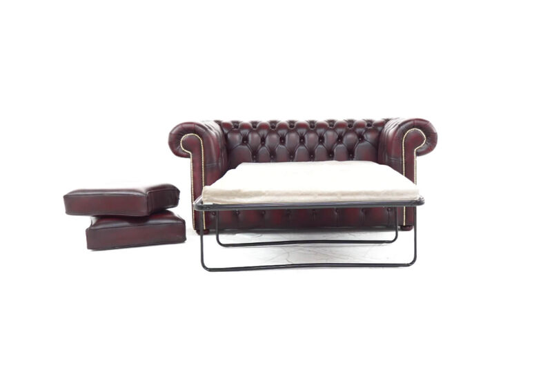 Chesterfield 2 Seater Sofa Bed Antique Oxblood Red Real Leather