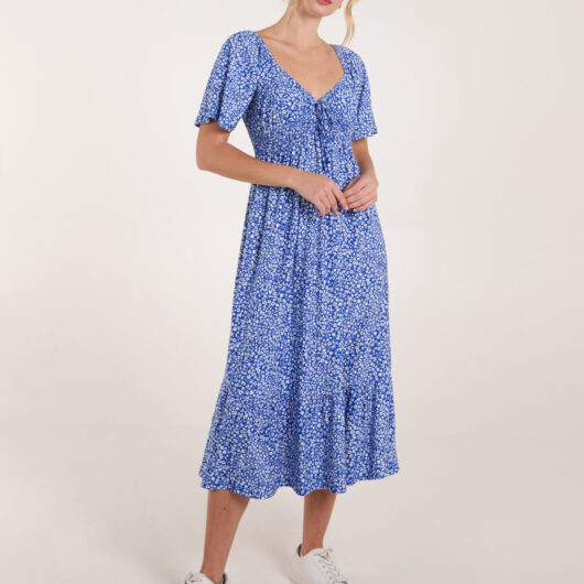 Ditsy Floral Tie Front Shirred Waist Midi Dress - M/L / BLUE