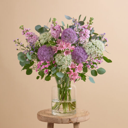 Flower bouquet with allium, stocks & trachelium | Send flowers online | Cloudwoven | size: classic