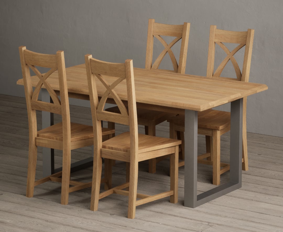 Parker 160cm Solid Oak Dining Table with 6 Light Grey Natural Solid Oak Chairs