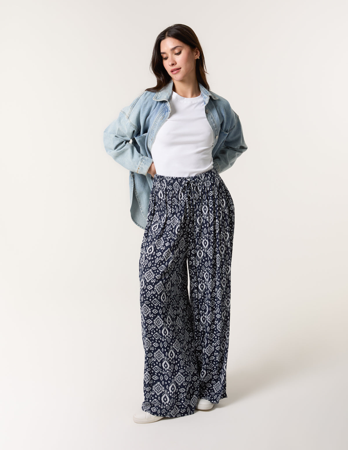 Printed Elastic Waist Trousers - S / NAVY
