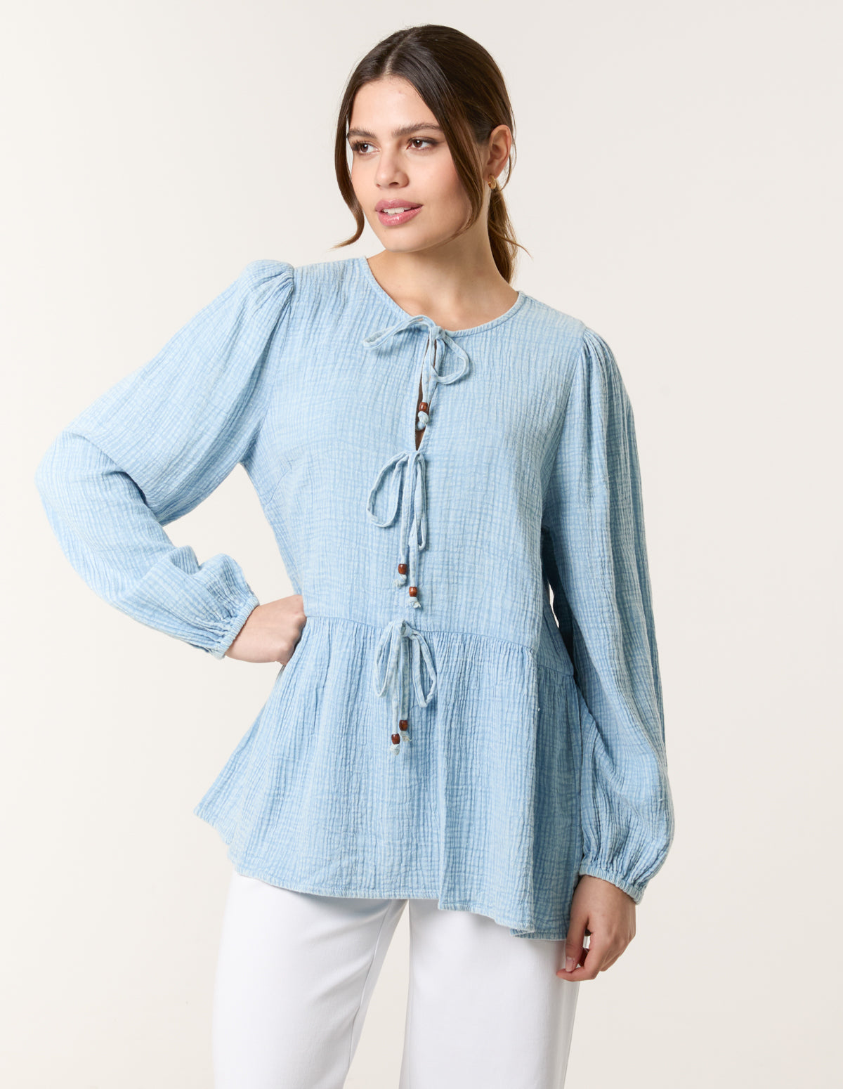 Washed Tie Front Top - M/L / DENIM BLUE